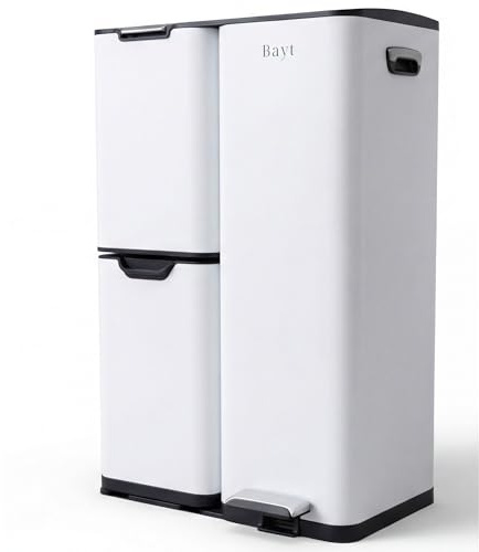 Bayt Poubelle Cuisine 60 Litres - Poubelle Tri Selectif Cuisine Pédale 60L | De Tri Déchets et Recyclage 3 Compartiments | Bac De Tri Inox Anti Odeur | Poubelles a Pedale 3 Bac Chambre - Blanc