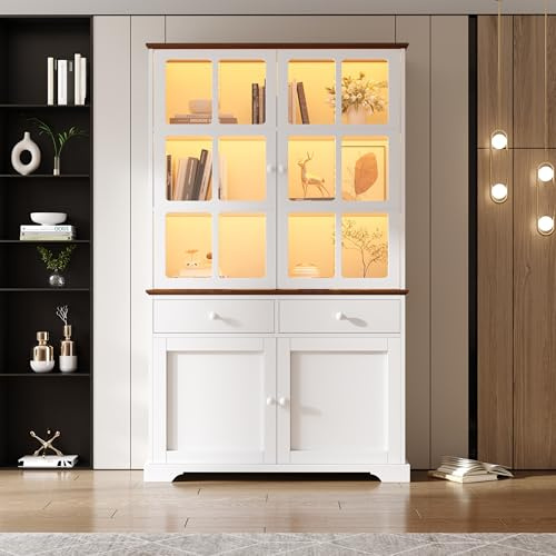 NNJN Vitrine, Standvitrine mit 2 Schubladen 4 Schranktüren, Hochschrank, Glasvitrine mit LED, Wohnzimmerschrank 120 cm breit, Multifunktionsschrank, Großer Schrank, Weiß120*36.5 * 200cm