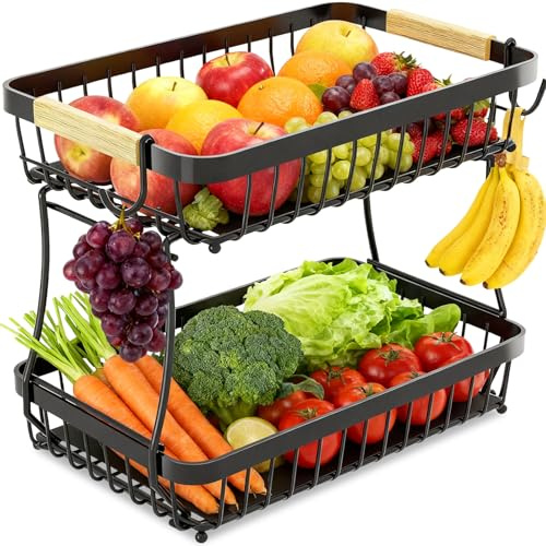 2 Niveles Cesta de Frutas con con Bandejas Ganchos Asas, Organizador Fruteros Cocina Moderno, Organización Cestas Frutero Metal Negro, Soporte Estantes Fruits para Almacenamiento Verduras, Fruta, Pan