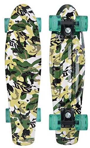Schildkröt Unisex – Erwachsene Retro Skateboard Free Spirit, Premium Beach Board mit coolem Deckdesign, leuchtende LED Rollen, Design: Camouflage, 510781, One Size
