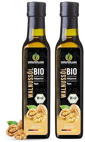Kräuterland Bio Walnussöl 2x250ml (500ml) kaltgepresstes Walnusskernöl | mühlenfrisch, naturbelassen, GVO-frei & ohne Zusatzstoffe, fein nussig, mehrfach ungesättigte Fette für Salat, Dips & Pesto