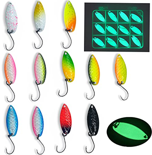 Njord Kalastus Glow Spoon Set | Leuchtende und UV Aktive Forellen Spoon Set 12 Stück+Box | Extreme Leuchtkraft durch Speziallack | Forellen Köder Set | Spoons Forelle