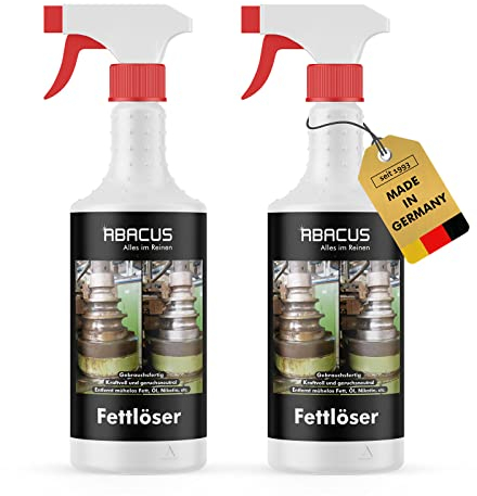 ABACUS® Fettlöser extra stark, Intensivreiniger für Öl, Werkstattreiniger Konzentrat, Küchenreiniger, Kraftreiniger, Universalreiniger, Nikotinentferner – Fettlöser 2x 750 ml (7712.2)