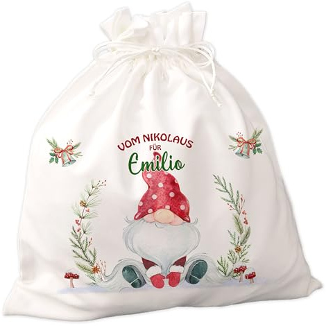 FEENSTAUB Nikolaussack Weihnachtsgnom mit Namen personalisiert, Geschenkverpackung für Weihnachten, Geschenkesack, Nikolaussäckchen personalisiert, Weihnachten Verpackung, Weihnachtstaschen Stoff