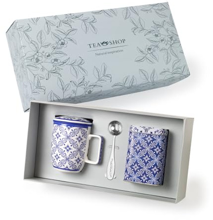 TEA SHOP - Pack Taza de porcelana con Filtro y Tapa + Lata y Cuchara medidora - Set Tea Time Azulejo - Perfecto para Regalo