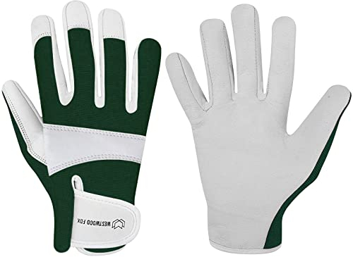 WESTWOOD FOX Gartenhandschuhe aus Leder,robuste Arbeitshandschuhe für Damen und Herren, Gartenwerkzeuge, Mechaniker, atmungsaktiv, Gärtner, rutschfeste Rigger-Handschuhe (Grün, M)