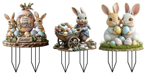 Wangark 3stk Gartenstecker Osterhasen zum Stecken, Osterdeko Ostern Garten Hasen Deko Outdoor Vintage für Draußen Frühling, Osterhase Außen Frühlingsdeko Osterhasen Figuren Groß