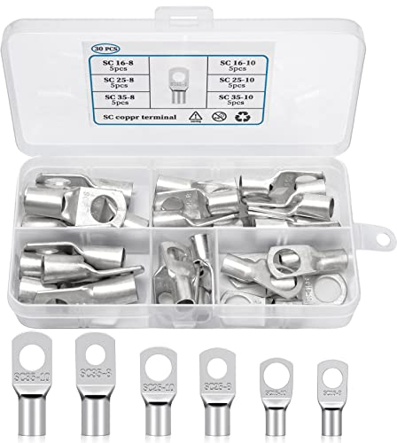 Elecoutek 30 Stk. Rohrkabelschuhe Set Kabelschuhe16mm² 25mm² 35mm² Ringkabelschuhe M8 M10 Kupferklemmen Verzinnt Kupfer Quetschverbinder für Kfz Auto Motorad Boote