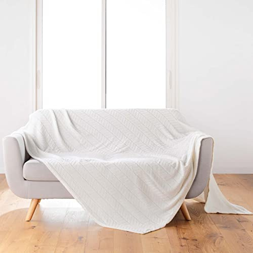Douceur d'Intérieur, Plaid Doux (180 x 220 cm) Arya Naturel, Flanelle Relief Unie