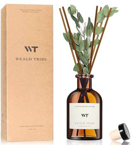 WEALD TRIBE Flower Reed Diffuser Set Eucalyptus & Lavender Scent For Bathroom Accessories Shelf Decor & Air Fresheners, Sticks Defusers With 4.0 fl oz Essential Oils, House Bedroom Office Decor & Gift