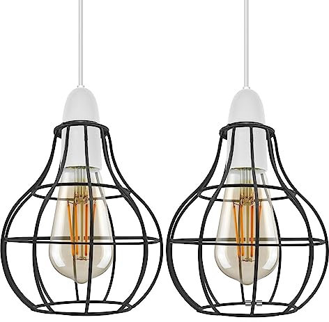 Metal Wire Cage Ceiling Light Shade Easy Fit Lamp Shade, Ceiling Hanging Indoor Pendant Light Lampshade for Living Room, Bedroom, Restarurants (Vase Shape - Black 2 Pack)
