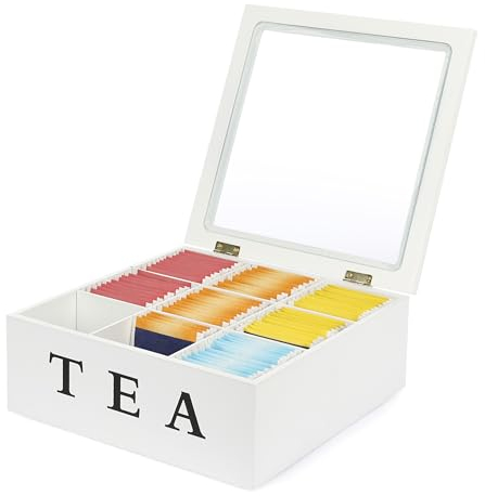 Van Henry Scatola da tè in legno con 9 scomparti e finestrella – Sacchetto di tè bianco – 21,5 x 21,5 x 8,5 cm