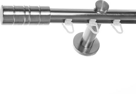BASIT Gardinenstange Innenlauf Edelstahllook 20mm 1-läufig Wand 240cm H30 | Gardinenstangenset einläufig Wandmontage Metall Vorhangstange Wandhalterung 120-600cm wählbar Kappe Zylinder E34