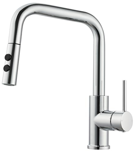 Chrome Kitchen Sink Taps with Pull Out Spray - Single Lever Mixer Tap, 1 Hole, Pull Out Hose, 360° Swivel