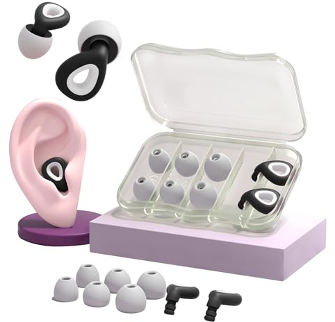 AUSYIWI Tappi Orecchie Dormire, Tappi Per Orecchie Antirumore, Riutilizzabile in Silicone flessibile Per Earplugs, Dispositivi di protezione dell’udito, 6 Inserti auricolari S/M/L (Nero)