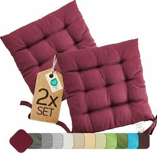 etérea Basic Sitzkissen 40x40 cm 2er Set mit Bändern Bordeaux | Mit Bändern · Fest gepolstert · Indoor & Outdoor · 30°C waschbar · 55% Baumwolle, 45% Polyester · OEKO-TEX Made in Green
