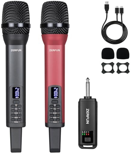 ZERFUN Rechargeable Wireless Microphones Dual, Pro Handheld Cordless Mics System Dynamic with Echo Treble BASS VOL Control for Karaoke Singing Church Party, 1/4'' Output, D240, Grey&Red