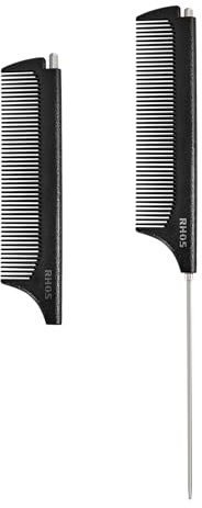 RHOS Carbon Retractable Rat Tail Comb for Parting and Styling, Hair Cutting and Braiding - Stainless Steel Pin Tail Comb, Black