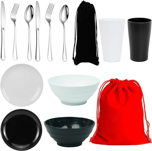 Camping Utensils, Camping Plates and Bowls Set, Camping Cooking Utensils Set, Lightweight BBQ Serving Plates, Cutlery Set, Cups, Bowls, Forks,Tableware Loopunk