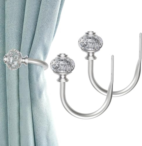 KAMANINA 2 Stück Vorhang Raffhalter Silber, Wandmontierte Vorhanghaken Halterungen, Raffhalter für Gardinen mit Durchsichtigen Endstücke für Bäder Küchen Büros Esszimmer Cafés