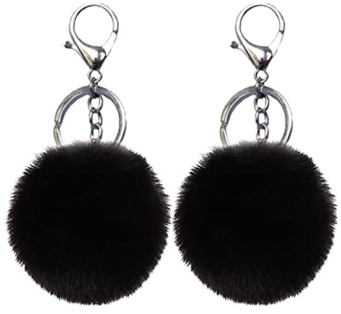 Xsclpomddy 2 Stück Pom Pom Schlüsselbund künstliche weiche Kaninchenhaar Taschenanhänger Ball Schlüsselanhänger für Handtasche Auto Anhänger,black