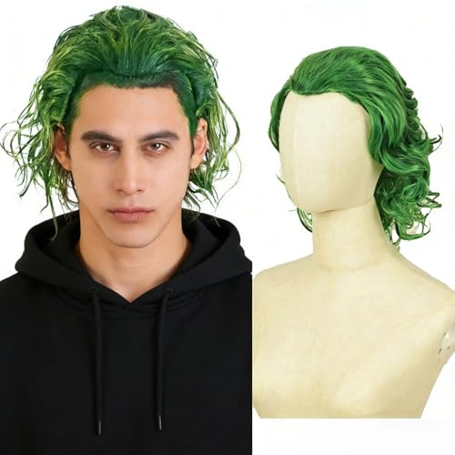 QUEENTAS Clown Joker Perücke Herren Lockig Kurz Cosplay Perücke Grün Halloween Carnival Kostüm Party (Grün)