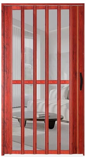 Falttüren Innentüren Innenfalttür Im Retro-Stil, Ziehharmonikatür, Raumteiler, Scheunenfalttür, Tor aus Rotem Holzmaserungs-Aluminium und Klarem Acryl, 24 36 43 60 Zoll(30x80in(76x203cm))