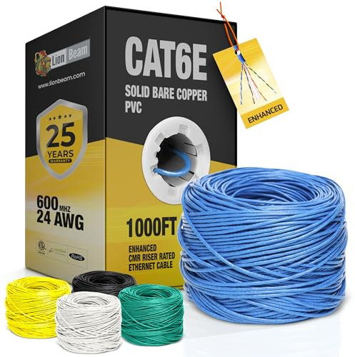 LION BEAM™ Cat6e Enhanced Ethernet Cable 1000 FT Box 24AWG PVC-CMR Insulated Solid Bare Copper Internet Cable 600 MHz, Provides High-Speed 10Gbps, UTP Bulk Ethernet Riser Cable with Fast Reel, Blue