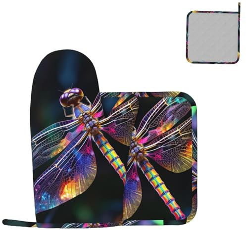 Ofenhandschuhe und Topflappen-Set, bunte Libellen-Kunst-Grillhandschuhe, hitzebeständig, Topflappen, rutschfeste Kochhandschuhe, dick, lang, für Grill, Backen, Mikrowelle, 2 Stück