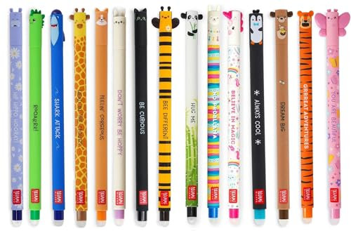 LEGAMI - 15er Set Gel-Radierstifte, Erasable Pen, Stifte mit radierbarer Tinte, Gelschreiber Radierbar ohne Blatt zu verbrauchen, 0,7 mm Spitze, verschiedene Tintenfarben und Tiermotive