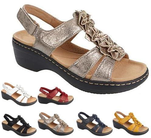 Sandalias De Verano Bohemias, Sandalias Ortopédicas Cómodas Para Mujer Con Soporte Para El Arco, Cuña Cómodas, Zapatos Para Caminar Con Punta Abierta (Oro,39)