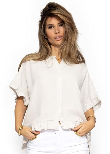 SASSYCLASSY Halvärm blus damer – volangblus – muslinblus kortärmad v-ringad – damblusar ljusbeige rosa – blusskjorta – skjortblus – skjorta sommar elegant – luftig sommarblus S M L, Ljusbeige, M