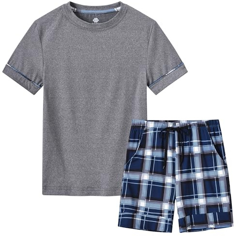MoFiz Pijamas Niños Corto Suave Verano Conjunto de Pijama Dos Piezas Ropa de Dormir Manga Corta Camisetas de Pijama y Pantalón Cortos a Cuadros Gris 18-20 Años(164-176)