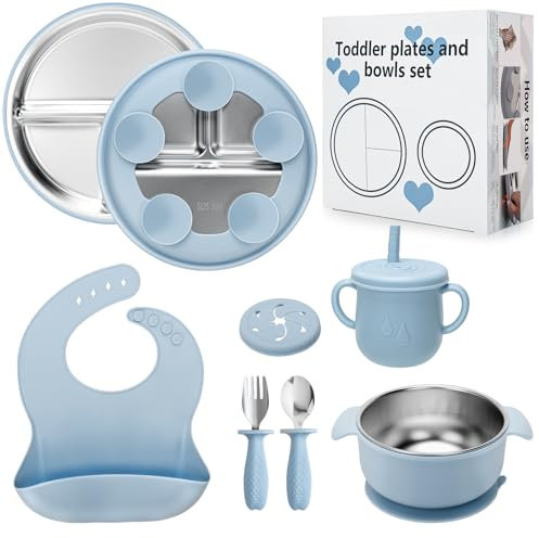 CLDY Juego de 8 platos para bebé, con plato de acero inoxidable, cuenco para niños pequeños, babero de silicona con cuchara, vaso para aprender a beber, con ventosa de silicona extraíble, sin BPA, a