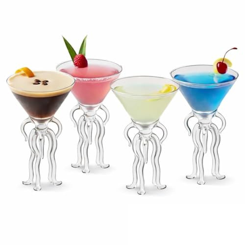 Jellyfish Cocktail Glasses Set of 4, 120ml Borosilicate Martini Glasses, Unique Stem Design, Tiki Bar & Party Drinkware