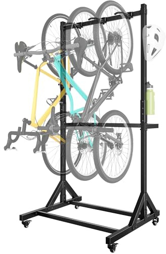 monTEK Freistehender Fahrradständer für 3 Fahrräder und 4 Helme, robuster Stahl-Fahrradständer mit Rädern, verstellbare Höhe, mobiler Fahrrad-Bodenständer für drinnen und Garage, hält bis zu 95 kg