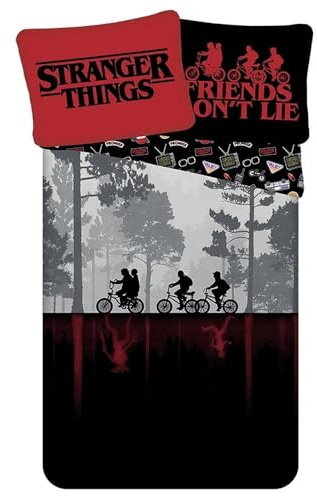 Jerry Fabrics Stranger Things Upside Down - Set copripiumino per letto singolo, misura europea, per bambini, adolescenti, fan, colore: nero e rosso