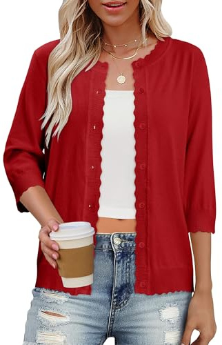 KISSMODA Womens Casual Cardigans 3/4 Sleeve Crew Neck Button Down Knit Jumpers Scalloped Shrugs Cardigan Lightweight Trendy Basic Sweater