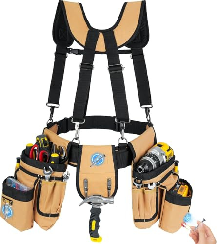 Ceinture Outils avec Bretelles,Ceinture porte Outil pour Hommes mit 27 poches,Amovible et Réglable Robuste Sac à Outils Magnétique,pour électriciens,Charpentiers,Ouvriers du Bâtiment,Noir Marron