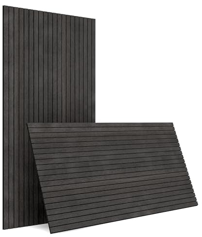 Lot de 4 panneaux muraux acoustiques 3D à lattes en bois - Décollez et collez - Panneaux muraux décoratifs 3D pour décoration intérieure - Noir et gris - 60 x 120 cm