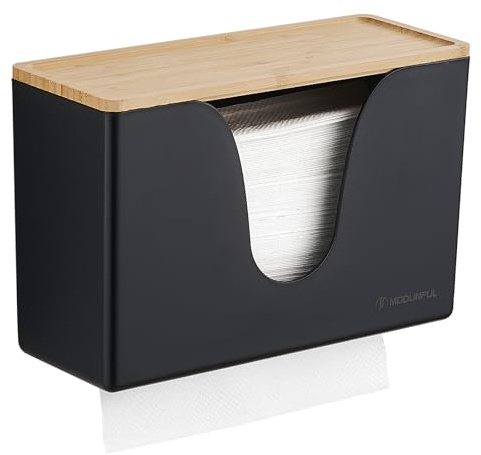 modunful Distributeur Essuie Main Mural avec Couvercle en Bois, Distributeur de Serviettes en Papier Cuisine Et Salle De Bain Commercial, pour Papier plié, par ex. H2, sans Perçage, Noir