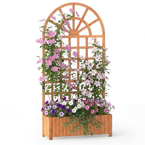 HOMASIS Pflanzkübel mit Rankgitter, Blumenkasten mit Spalier, Pflanzkasten aus Massivholz, Hochbeet Pflanzgefäß Rankkasten Gartenspalier Rankhilfe für Balkon Garten Terrasse (Orange, 91x30x182cm)