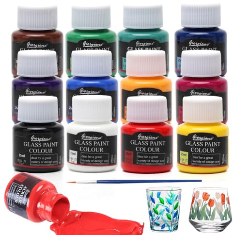 MIUUIPI 12 stycken glasfärger, 25 ml, porslinsfärg, diskmaskinssäker och keramik, målningsset, keramikfärg med pensel, UV-skydd, vattentät, högpigmenterad glasfärg för