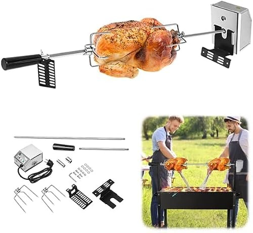 AufuN Set di spiedini girevoli con motore in acciaio inox, per barbecue a gas, 107 cm, con 4 aghi per carne, 220 V - 240 V, spiedo elettrico per viaggi, campeggio, picnic