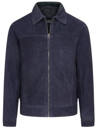 Mens Retro Navy Blue Genuine Goat Suede Leather Harrington Biker Jacket