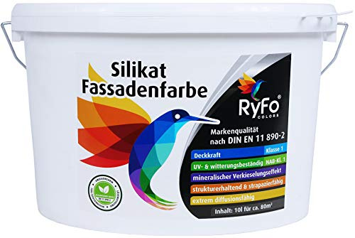 RyFo Colors Silikat Fassadenfarbe 10l - Außen-Farbe, Silikatfarbe, weiß, extrem atmungsaktiv, zertifiziert Deckkraft Klasse 1, Nassabrieb Klasse 1