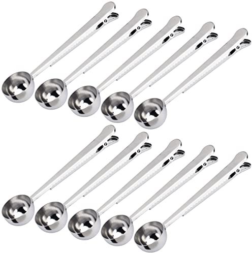 10 Stück Schaufel mit Clip, 2-in-1 Edelstahl-Kaffeeschaufel und Beutelclip zum Messen von Kaffee, Tee, Proteinpulver, Instant-Getränke
