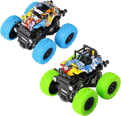 m zimoon Monster Inertia Truck, 2 Pack Off-road Vehicle Toy Four-Wheel Race Cars with 360 Degree Rotation, Toddler Car Toys Birthday Gift for 3 4 5 6 7 8 year old Kids Boys Girls (Blue+Green)