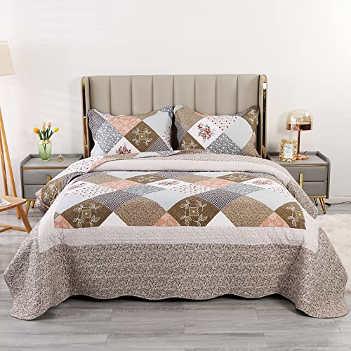 Qucover Brown Quilted Bedspread King Size, Soft Microfiber-Cotton Vintage Patchwork Bed Spread Flower Pattern Lightweight Bedspreads Coverlet Set with Pillow Shams, 230 * 250 cm