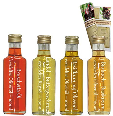 Öl Geschenkset & Probierset | 4 x 100ml Öl | Bruschetta Öl - Landöl - Buttergeschmack - Basilikum auf Olivenöl - Bärlauch Basilikum Öl | mit Rezeptbroschüre